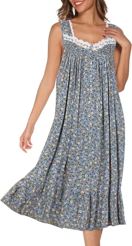 Vista 12 de AVIIER Camisones de algodón para mujer, sin mangas, vestido de casa largo con bolsillos, S-XXL Flor negra