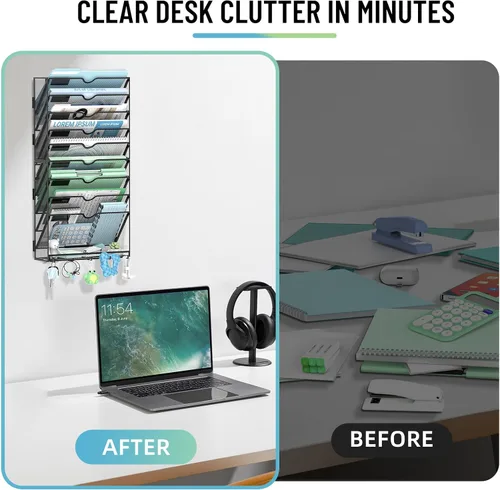 Vista 5 de Organizador de archivos de pared de 10 niveles con ganchos Negro
