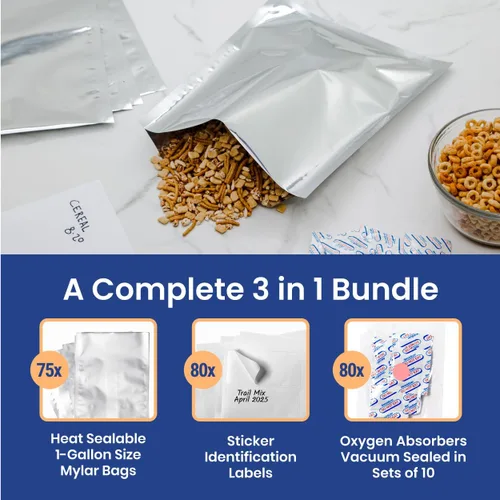 Vista 3 de Wallaby 30 bolsas de Mylar de 1 galón con absorbentes de oxígeno de 400 cc, bolsas de almacenamiento de alimentos a largo plazo de 10 mil de grosor