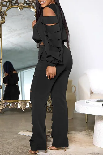 Vista 3 de Sexy 2 Piece Outfits for Women Hollow Out Top High Waist Pant Set