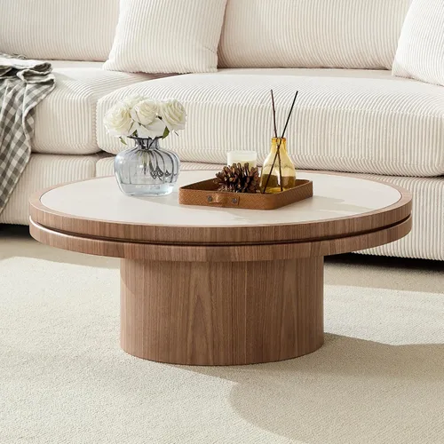 Vista 19 de Mesa de centro redonda de madera de 31.49 pulgadas con almacenamiento, mesa de centro circular acanalada de 2 niveles con tapa y estante para sala