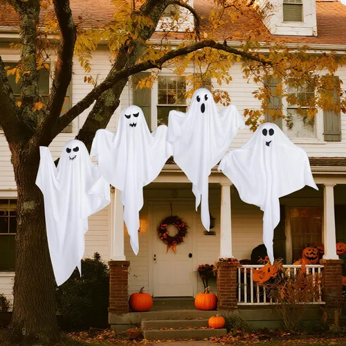Vista 5 de Paquete de 4 decoraciones de fantasmas colgantes de Halloween, fantasmas flotantes espeluznantes iluminados de 27.5 pulgadas con LED azul, casa