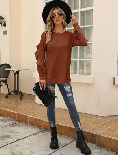 Vista 4 de Saloogoe Sudaderas de cuello redondo de manga larga casual con mangas con volantes ropa suave para otoño e invierno moda 2022