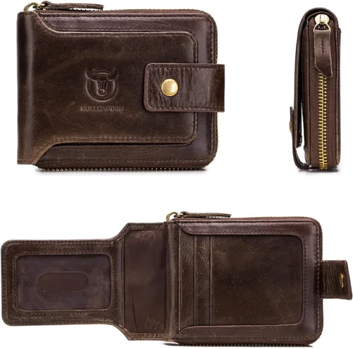 Vista 100 de LUKZIJAES Billetera de cuero genuino para hombre, con bloqueo RFID, delgada, plegable, bolsillo frontal, #3-Café, Vintage