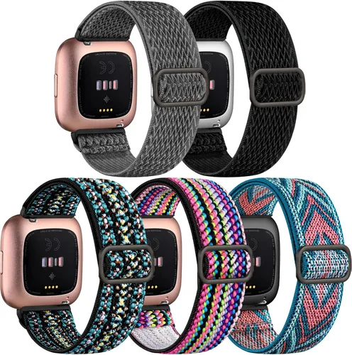 Vista 10 de DaQin Correa elástica deportiva de nailon compatible con Fitbit Versa 2 correas de reloj para mujeres y hombres, paquete de 5 correas elásticas