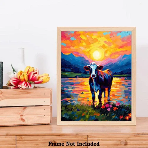 Vista 7 de Bestbuddy Pet 8 x 10 sin marco noche estrellada Van Gogh inspirado vaca lechera junto al lago Flores Granja Animal Leche Vaca Ganado Familia Pintura