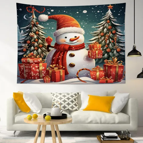 Vista 2 de HVEST Tapiz navideño de muñeco de nieve para colgar en la pared, divertido muñeco de nieve con sombrero rojo de Navidad y tapiz de regalo, tapiz