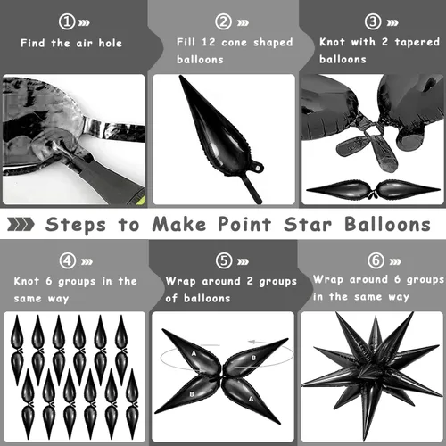 Vista 3 de FUNTOOB Globos de estrella negra, globo metálico de papel de aluminio, globos de cono negro, globo con forma de estrella en explosión