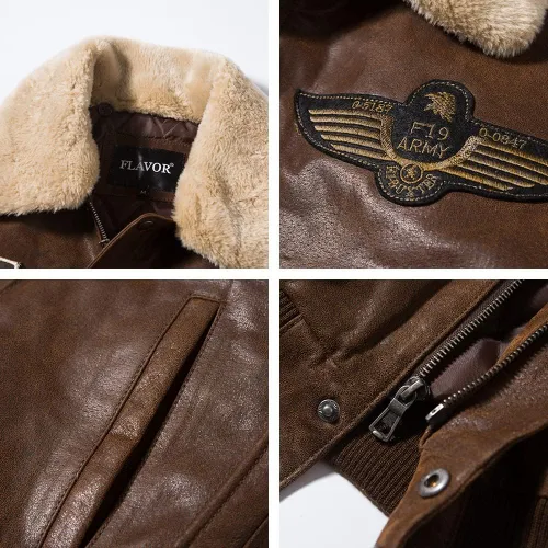 Vista 5 de FLAVOR Chaqueta bomber de cuero real para hombre con cuello de piel extraíble Aviator