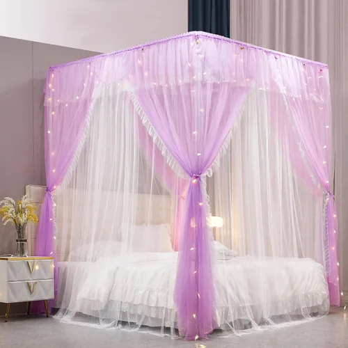 Vista 7 de VETHIN Cortina de Dosel de Cama de Princesa con Volantes de 4 Postes de Esquina - Red de Tul de Doble Capa Acogedora con 4 Aberturas, Mosquitera