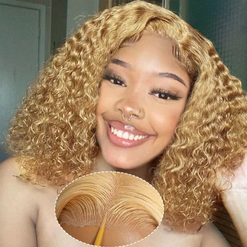 Vista 2 de Peluca Bob Rizada Rubio Miel de Cabello Humano de 16 pulgadas 13x6 HD Sin Pegamento Encaje Frontal Rubio Miel Onda Profunda Rizada Listas para Usar