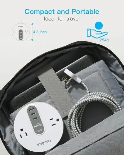 Vista 4 de Regleta protectora contra sobretensiones con 2 USB C, cable de extensión de enchufe ultra plano con 2 salidas de CA ampliamente y 3 USB, pequeña