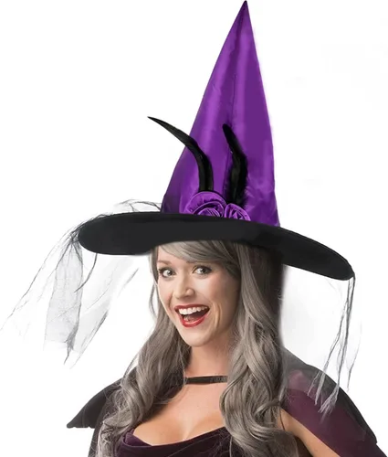 Vista 2 de Sombrero de bruja de Halloween con malla de encaje suave, flor de rosa y pluma, accesorio de disfraz de Halloween, sombrero de bruja