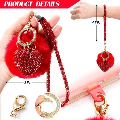 Vista 3 de Lindos llaveros de corazón para mujer, accesorios de llavero para mujer, llavero femenino para llaves de automóvil, mochila con pompón