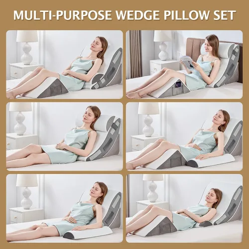 Vista 5 de Almohada de cuña de cama, 4 piezas, ajustable, de espuma viscoelástica, triangular, para después de la cirugía, cuña de almohada para la apnea