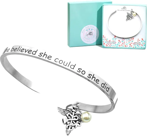 Vista 8 de Nurse Practitioner Bracelet Stainless Steel NP Caduceus She Believed She Could So She Did Engraved Bracelet Gift For Women Gift for Birthday