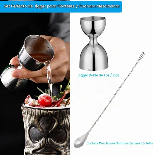 Vista 2 de Bell - Jigger de cóctel con marcas de medición (1 oz, 2 onzas) y cuchara mezcladora, juego de camarero