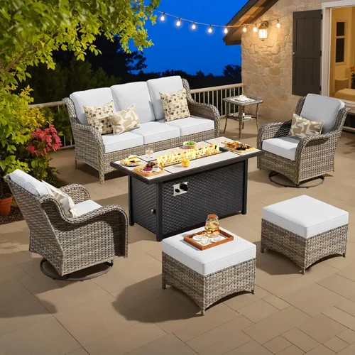 Vista 47 de Juego de muebles de exterior para patio, silla y sofá (ratán marrón, beige, 3 piezas)