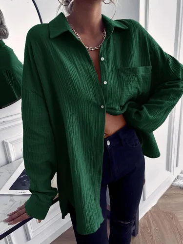 Vista 4 de SheIn Blusa de manga larga con botones y cuello de lino para mujer