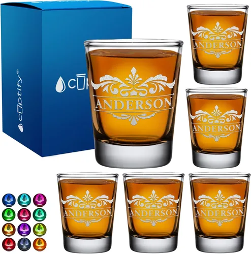 Vista 39 de Vaso de chupito personalizado con nombre de círculo elaborado de 2 onzas, parte inferior negra grabada con texto personalizado para regalos, bodas