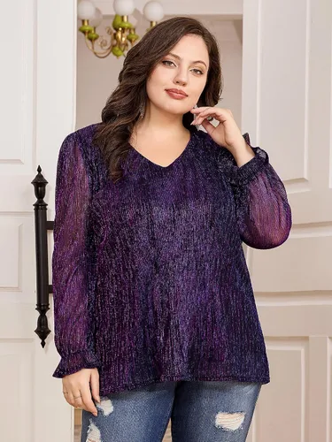 Vista 8 de Hanna Nikole Blusa de fiesta con lentejuelas brillantes para mujer, talla grande, manga larga, de malla, con purpurina, cuello en V, elegante