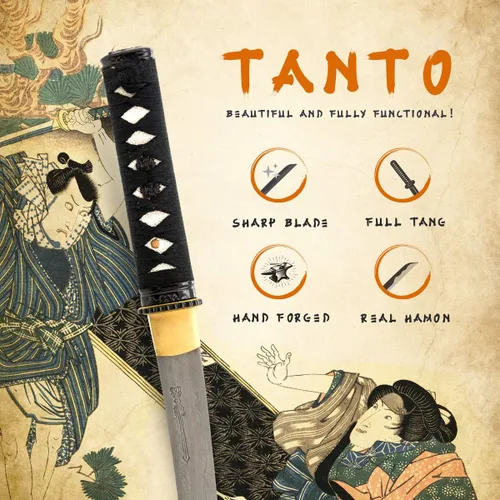 Vista 2 de HMS Espada Samurai Tanto japonesa, hierro Tsuba, acero al carbono 1045, forjada a mano templada, espiga completa, afilada afilado a mano
