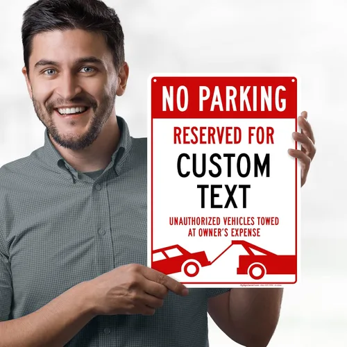 Vista 2 de Letrero personalizado de no estacionamiento, letreros de estacionamiento reservados personalizados para negocios, 10 x 14 pulgadas, metal