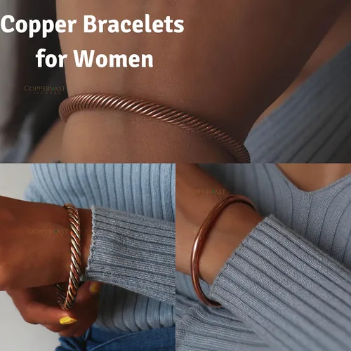 Vista 2 de Coppervast Pulseras de cobre para hombre y mujer Juego de 3 con bolsa de regalo Hecho a mano 100% cobre