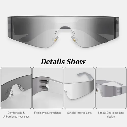 Vista 4 de milramtob Gafas de sol futuristas envolventes Y2K plateadas, de moda, sin marco, gafas Cyberpunk para mujeres y hombres, fiesta rave