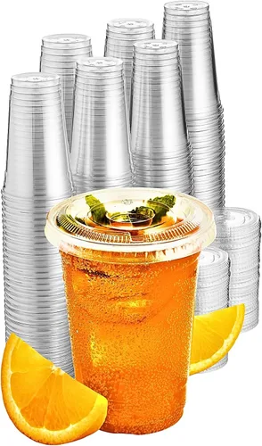 Vista 11 de Green Direct Vasos de plástico ultra transparentes con tapas planas para café helado, batido de té Boba (100, 10 onzas)