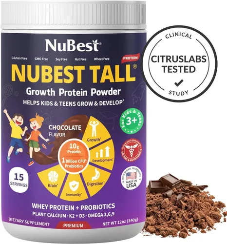 Vista 2 de NuBest Alto polvo de proteína para niños y adolescentes - Proteína de suero en polvo - Batido de proteína de chocolate en polvo con probióticos