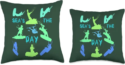 Vista 3 de Kitesurf Gifts and Surf Lover Tees by taiche Kitesurfer Silhouette Pattern with Seas The Day Quote 8 Throw Pillow, 16x16, Multicolor