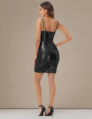 Vista 5 de Grace Karin Vestido sexy de lentejuelas con purpurina brillante, para mujer, vestido de fiesta y club, fruncido, con tirantes delgados, cuello en V