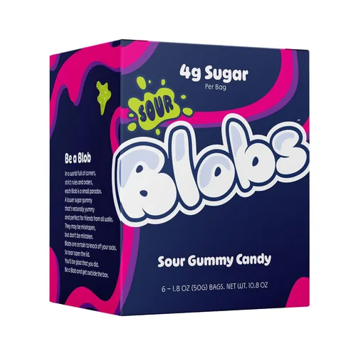 Vista 4 de Blobs SOUR Gummy Candy bajo en azúcar y bajo en calorías, sin alcoholes de azúcar, vegano, sin colorantes, sandía, lichi, cereza negra Ras, fresa