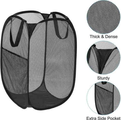 Vista 3 de PATIKIL Cesta de malla para lavandería, bolsa plegable con asas para lavandería, viajes, color negro