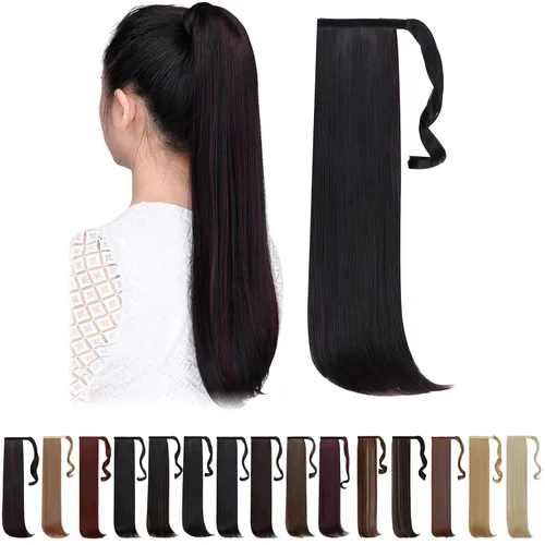 Vista 41 de Extensiones de cola de caballo negras, colas de caballo rizadas con clip, 22 pulgadas, 3.5 onzas, extensión de cabello sintético envolvente del pelo