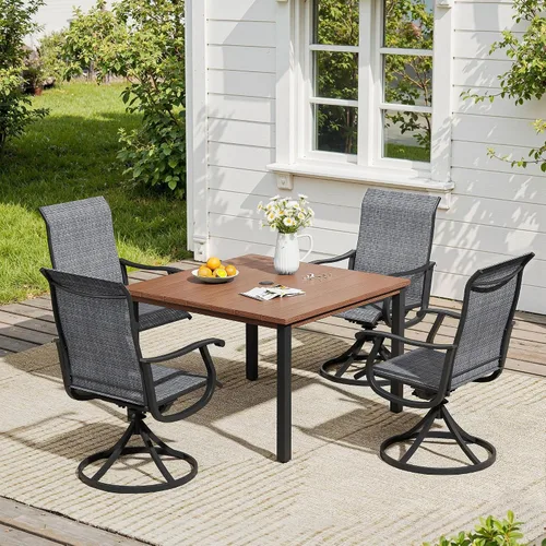 Vista 72 de VICLLAX Muebles pequeños de exterior de 3 piezas, 2 sillas giratorias de patio y mesa redonda pequeña para 2, sillas de carbón oscuro y negro