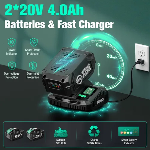 Vista 5 de KIMO - Mini motosierra eléctrica inalámbrica con 2 baterías de 4.0 Ah y cargador rápido, corte potente de 34 pies/S, engrasador automático, bloqueo