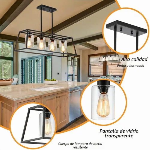 Vista 7 de Candelabros negros de granja para comedor, lámpara rústica de isla de cocina, lámpara colgante lineal de 4 luces, isla de cocina con pantalla