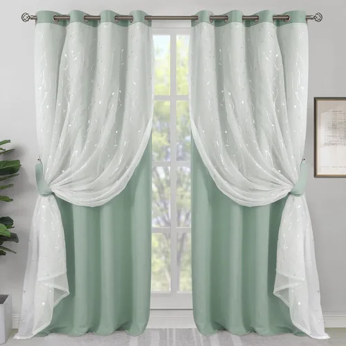 Vista 24 de BGment Cortinas de oscurecimiento de habitación con superposición transparente, cortinas de tul estampado plateado de doble capa para sala de estar