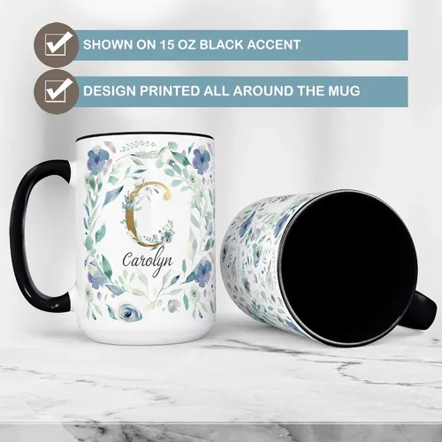 Vista 3 de Personalized Pansy Floral Monogram Ceramic Coffee Mug, 11 or 15 oz