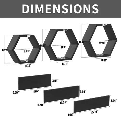Vista 3 de Estantes flotantes hexagonales de madera para montar en la pared, juego de 6 estantes hexagonales de madera de pino para fotos, plantas, estantes