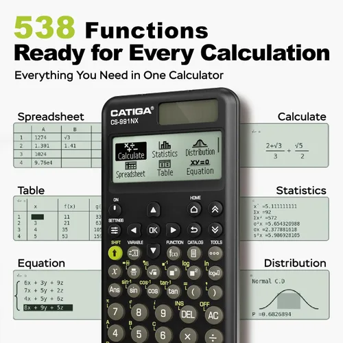 Vista 3 de CATIGA Calculadora científica negra con pantalla HD estilo libro de texto, calculadoras científicas solares y de batería para estudiantes