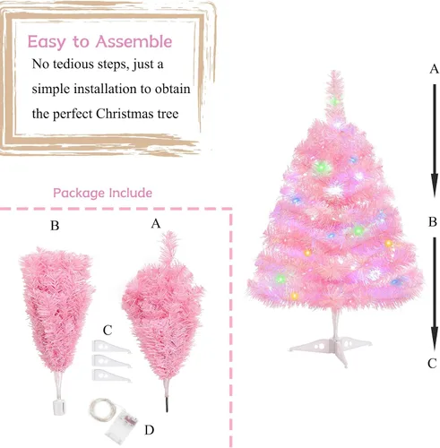 Vista 4 de Árbol de Navidad artificial de 2 pies con luces, árbol de Navidad de mesa rosa iluminado con soporte de plástico, funciona con pilas, mini árbol