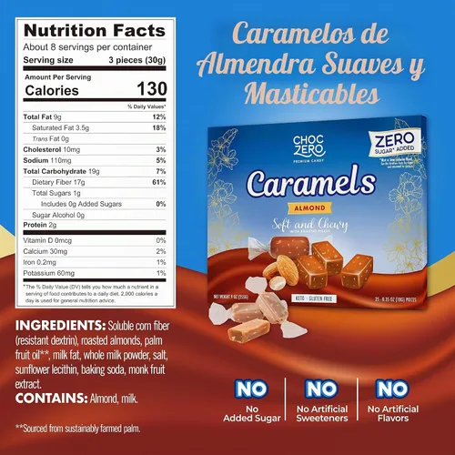 Vista 2 de ChocZero Caramelos de almendras sin azúcar, almendras tostadas, suaves y masticables, 9 onzas Caramelo cetogénico, sin alcoholes de azúcar, bajo