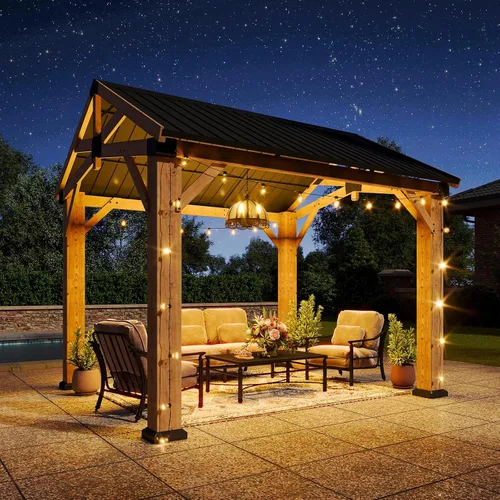 Vista 2 de Aoxun Gazebo de madera de cedro de 10' x 10' con techo de acero galvanizado