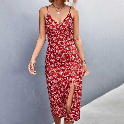 Vista 2 de Vestido largo floral para mujer, con tirantes delgados, cuello en V, sin mangas, espalda descubierta, para verano, casual, delgado, con abertura