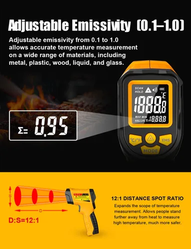 Vista 6 de NJTY Pistola Termómetro Infrarrojo, -58℉ a 1472℉, Alta Precisión, Sensor de Temperatura Láser Sin Contacto con Pantalla LCD Retroiluminada