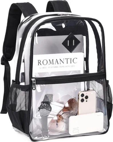 Vista 10 de MUSEVOS Mochila transparente, resistente bolsa de libros transparente para trabajo, seguridad, conciertos, universidad, PVC transparente aprobado