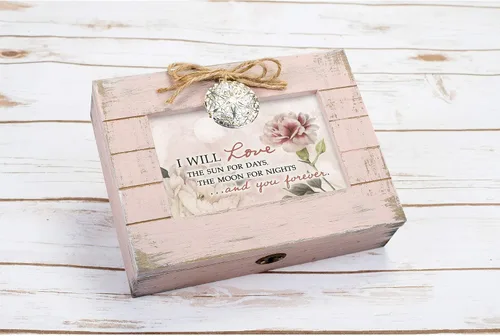 Vista 5 de Cottage Garden Caja de música Love Sun Moon You Forever Blush Pink Wood Locket reproduce el viento debajo de mis alas